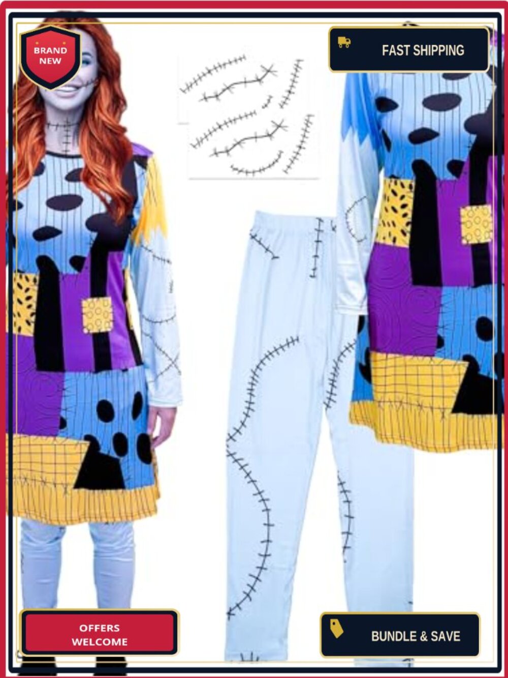 Scars Stitches Tattoo Sticker Halloween Cosplay Dress Costume Set with Tights